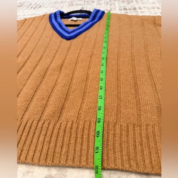 Madewell Camel Tan Ribbed V Neck Sweater Blue Stripe Trim Varsity Size S - Picture 7 of 12